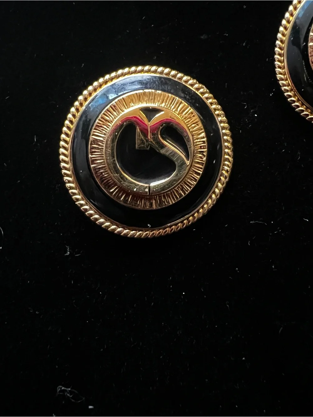 Vintage St John Gold Tone and Enamel Logo Clip Back Earrings - Picture 4 of 5